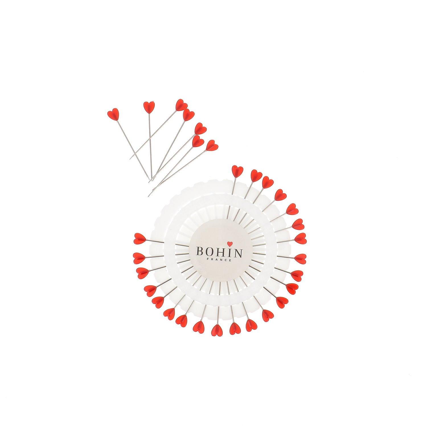 Plastic head pins - Red heart - 38 x 0,60 mm. - Wheel of 30 heart pins