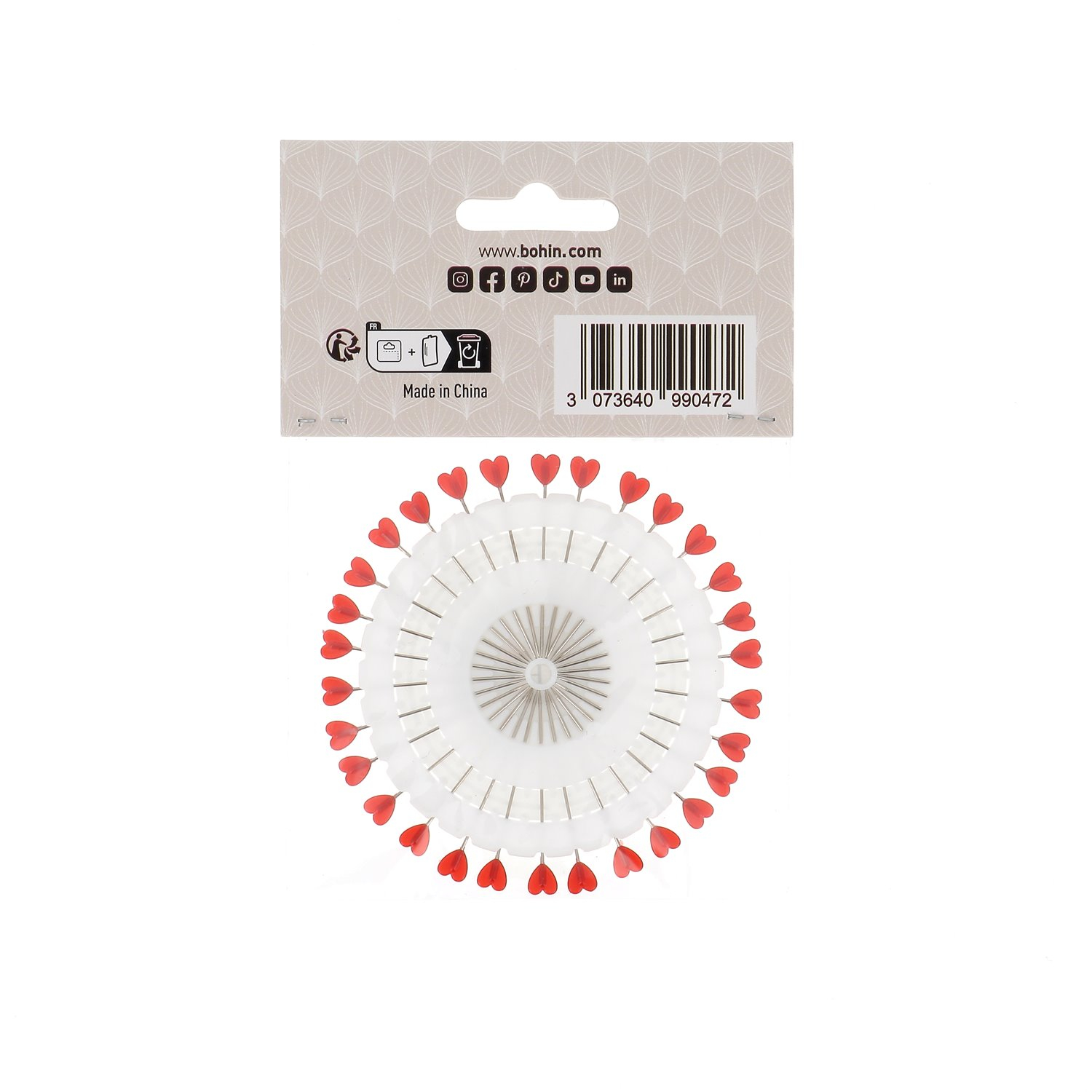 Plastic head pins - Red heart - 38 x 0,60 mm. - Wheel of 30 heart pins